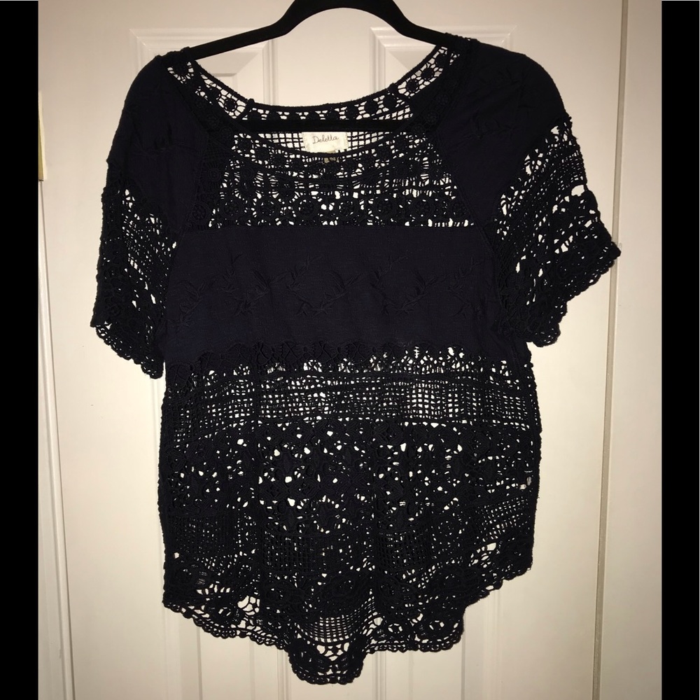 Anthropologie Navy Crochet T-Shirt